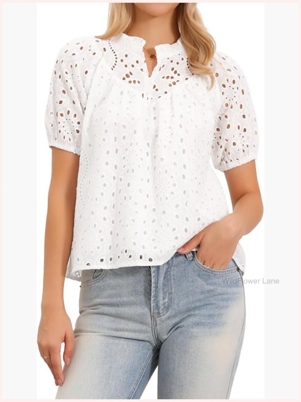 Puff Sleeve Eyelet Top Mock Neck Ruffle Blouse Cotton Dressy Casual Summer